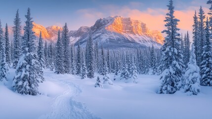 Fototapeta premium A serene mountain landscape with snowy peaks and a sunset casting warm hues over the forest. A quiet and picturesque scene for nature lovers, adventurers or photographers.