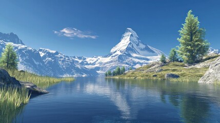 Fototapeta premium Snowy mountain reflecting on calm lake. Sunny landscape. Possible use Background image