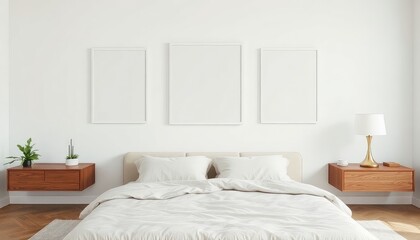 Tranquil master bedroom with serene lakes and a blank white a4 frames mockup hanging on the wall.