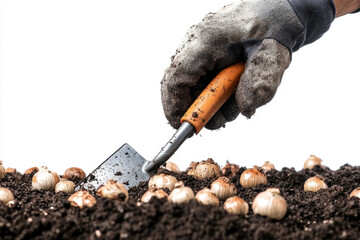Close-up of a gloved hand planting bulbs in rich soil using a small garden trowel on a white background.