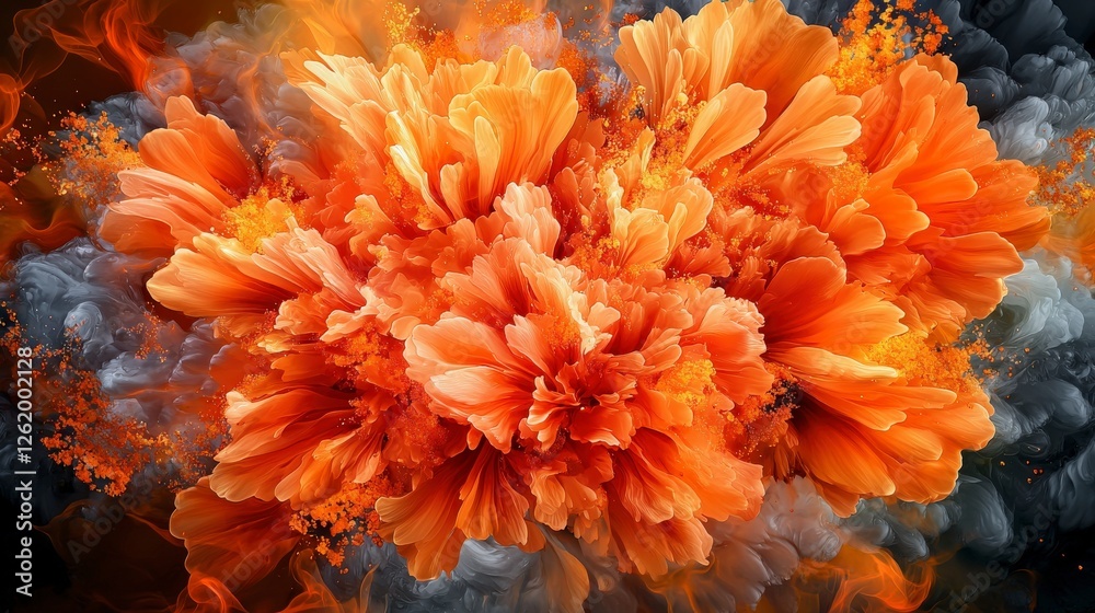 Poster dynamic abstract bursts of bold orange tones in vibrant floral explosion artistic display studio env