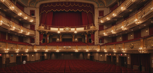 Obraz premium The interior of an old-fashioned theater with velvet curtains, ornate balconies, and plush red seats.