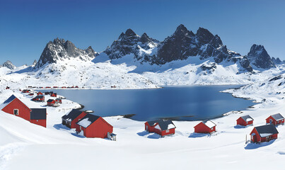 Stunning winter landscape featuring picturesque red cabins nestled beside a tranquil fjord, surrounded by snow-capped mountains under a clear blue sky.