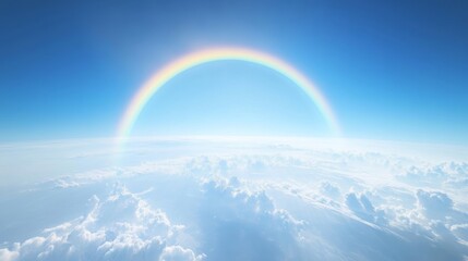 A full rainbow circle seen from a mountaintop, with clouds drifting below and a clear blue sky above,