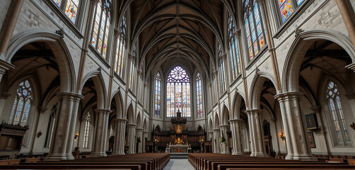 Obraz premium The interior of a grand church, with high vaulted ceilings, intricate stained glass windows, and wooden pews.