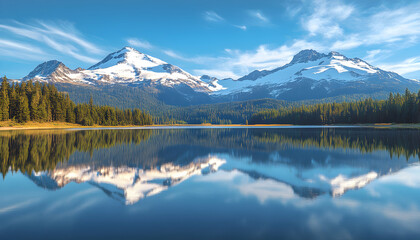 Serene mountain lake reflecting snow-capped peaks under a vibrant blue sky. Ideal for travel, nature, and tranquility themes.