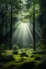 Obraz premium a mystical ray of light breaking through the dense shadows of an ancient forest, softly illuminating floating dust particles and highlighting the intricate details of moss-covered trees