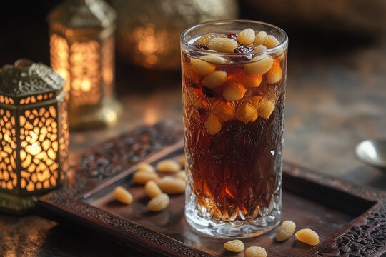 A refreshing tall glass of Jallab (traditional Arabic drink made from date syrup and rose water) with floating pine nuts and raisins. The drink is placed on a wooden tray with Ramadan lanterns