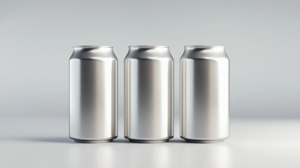 Three Blank Aluminum Cans on a Light Gray Background