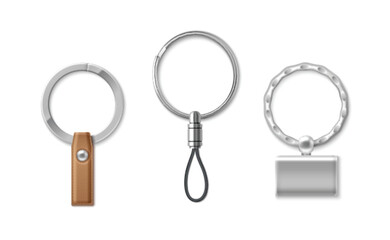 Metal key ring set with leather strap, black cord loop, rectangular steel pendant. Realistic 3d minimalist design keyholder on white background for merchandise mockup, branding elements creation.