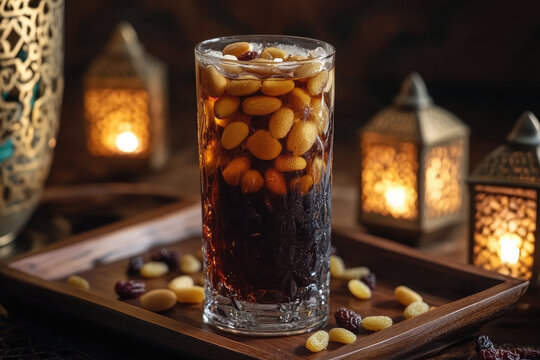 A refreshing tall glass of Jallab (traditional Arabic drink made from date syrup and rose water) with floating pine nuts and raisins. The drink is placed on a wooden tray with Ramadan lanterns