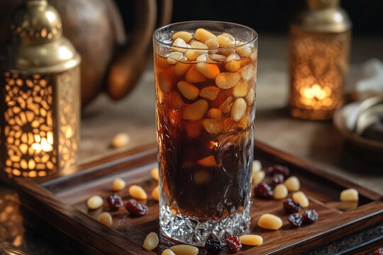 A refreshing tall glass of Jallab (traditional Arabic drink made from date syrup and rose water) with floating pine nuts and raisins. The drink is placed on a wooden tray with Ramadan lanterns