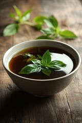 Tea in a ceramic bowl on wooden table.