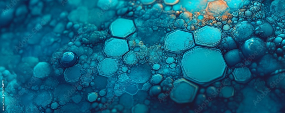 Poster abstract hexagons with intricate lines and dots set against a digital technology backdrop, suitable 