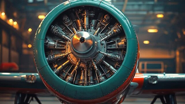 Vintage Propeller Engine: A detailed close-up showcases the powerful radial engine of a classic aircraft, emphasizing its mechanical beauty and intricate design in a vintage hangar setting.