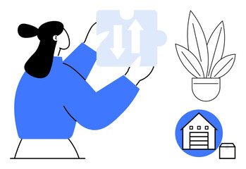 Person holding a puzzle piece with bidirectional arrows, potted plant, warehouse icon, and small box. Ideal for logistics, solutions, organization, storage home planning growth teamwork. Abstract