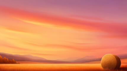 Vivid sunset over a tranquil field, original oil painting on depicting serene nature