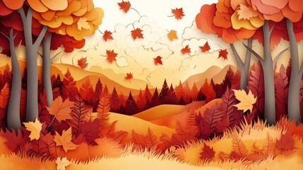 Autumn forest scene, paper cut style, fall leaves