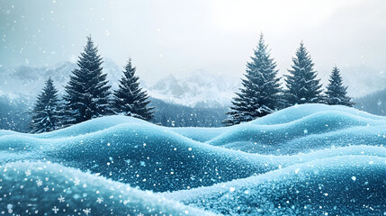 Naklejka premium Winter Wonderland: A serene and picturesque winter scene, featuring a snow-covered landscape dotted with towering pine trees and rolling hills. Snowflakes gently fall.