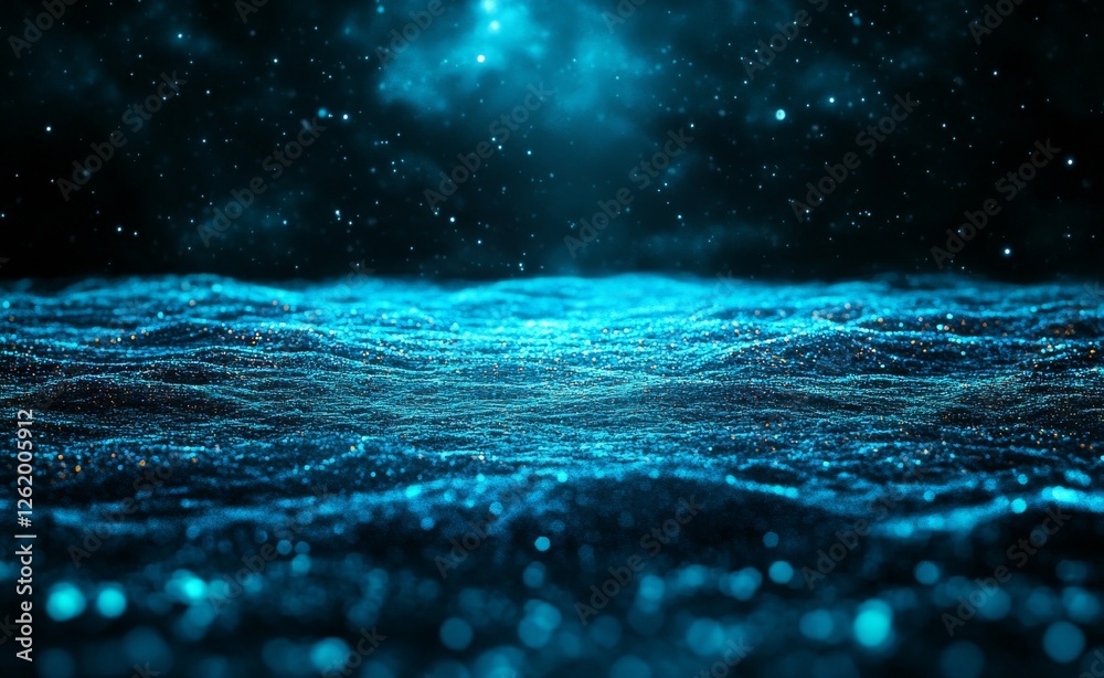 Poster wave pattern with dynamic dots and lines, depicting particle motion and digital technology