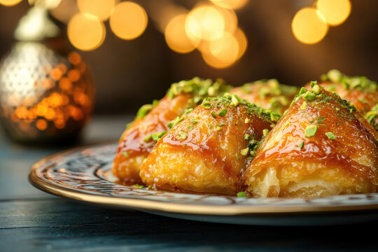 A rich and indulgent Middle Eastern kunafa dessert, golden and crispy on the outside, filled with creamy ashta cheese, and drizzled with rosewater syrup. Served on a decorative ceramic plate with pist