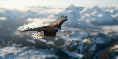 Fototapeta premium Majestic bald eagle in flight over snow-capped mountains nature serene environment aerial view