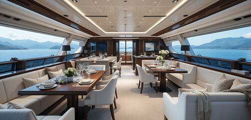 The luxurious interior of a yacht, with modern furnishings, panoramic windows, and an elegant dining area.