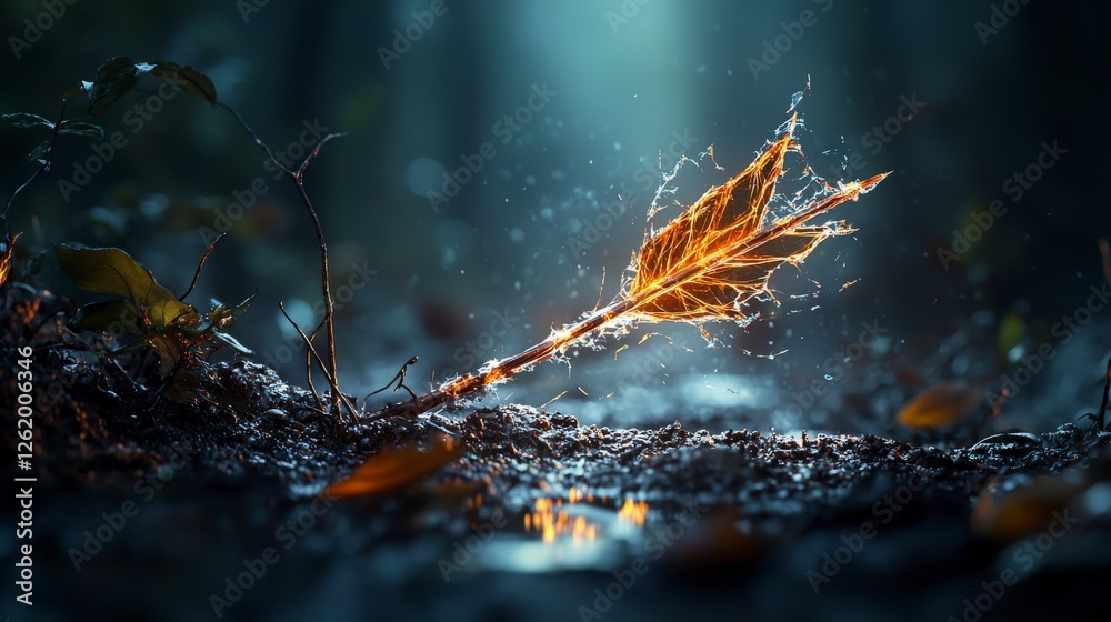 Poster dissolving glowing arrow nature's enchantment forest floor artistic visual mystical atmosphere close