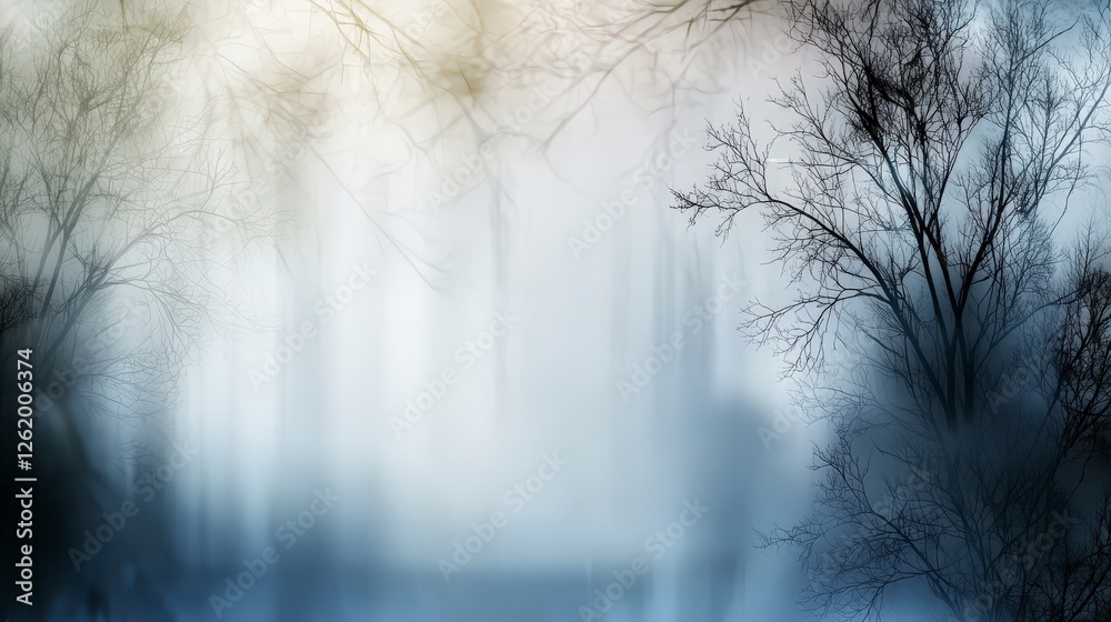 Poster soft gray hues in an ethereal landscape with trees - serene misty forest digital art wide view