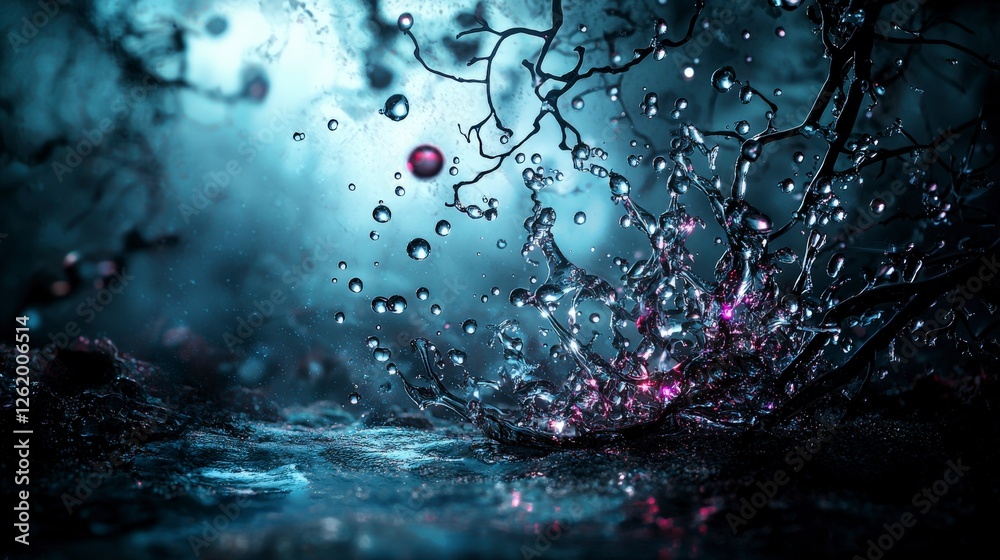 Fototapete Surreal shadows and luminescent droplets enchanted forest abstract art dark atmosphere macro view dreamy concept