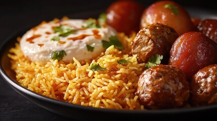 Close-up photo of a delicious Italian meatball dish with tomato sauce. Perfect for serving at a restaurant or as a home-cooked meal.