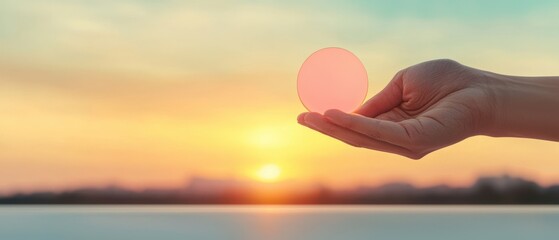 Fototapeta premium Holding a symbol of hope at sunrise lakeside inspirational image tranquil setting close-up view serenity