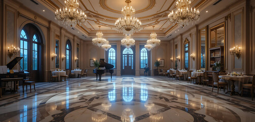 An elegant ballroom with glittering chandeliers, a grand piano, and polished marble floors, ready for a night of dancing.