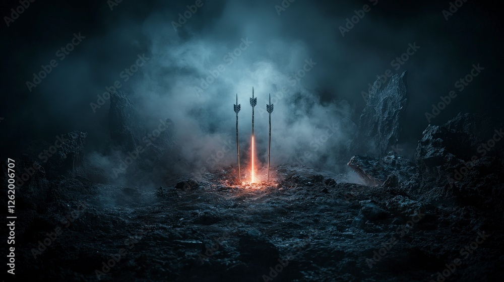 Poster luminous arrows penetrate layers in a surreal scene fantasy landscape digital art dark environment d