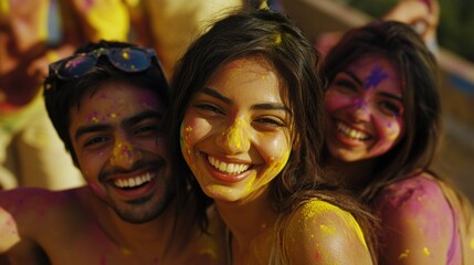 Fototapeta premium A group of young people enjoying the Holi Festival, covered in bright colors from powder, smiling and laughing together outdoors.