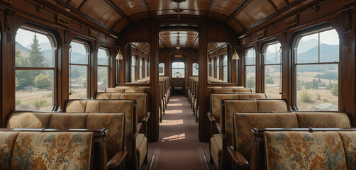Fototapeta premium The interior of an old-fashioned train carriage with plush seats, wooden paneling, and large windows offering scenic views.
