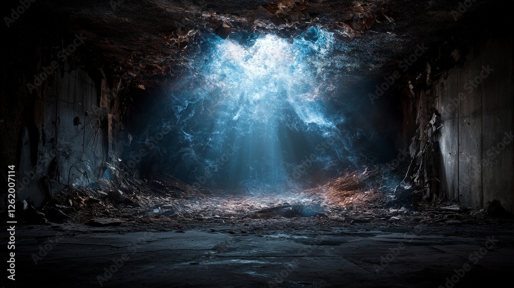 Poster chaotic whispers emerge from an abandoned space illuminated by ethereal light dark atmosphere surrea