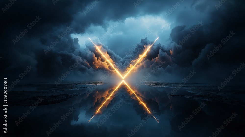Fototapete Dynamic light arrows breaking through clouds at twilight digital art mystical atmosphere surreal viewpoint