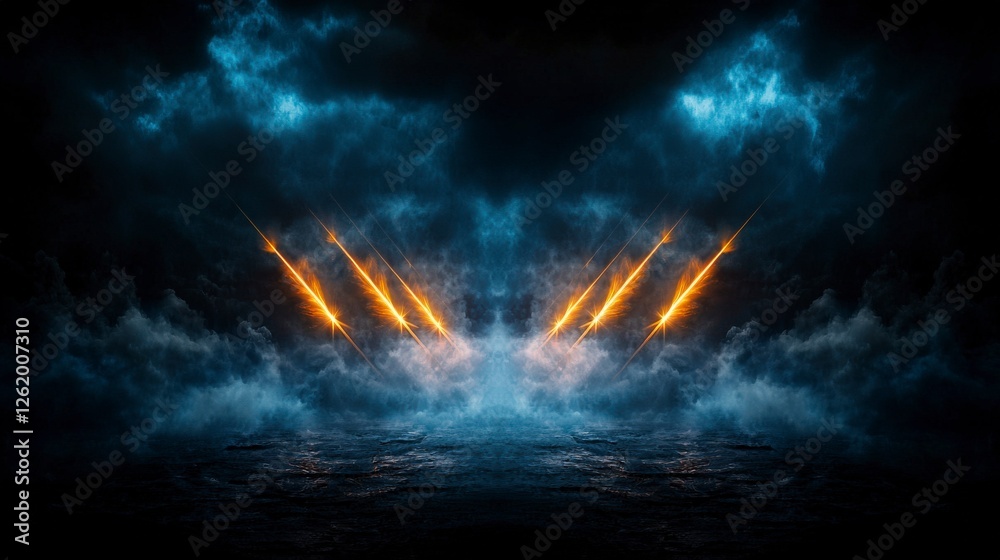 Poster abstract beams of light shaped like arrows breaking through clouds ocean scene digital art dramatic 