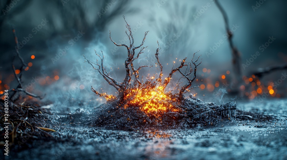 Poster hope's flickering flames in a desolate forest clearing a close-up of nature's resilience and etherea