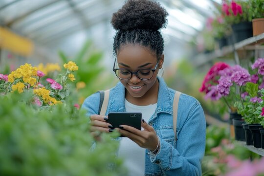 Professional black female florist taking picture of her plants for publishing in social media, working in greenhouse, enjoying her small florist, Generative AI