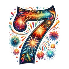 Naklejka premium Fireworks Number Seven: A vibrant and festive illustration of the number seven, intricately designed with exploding fireworks in a rainbow of colors. Perfect for celebratory occasions, invitations.