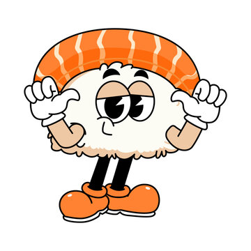 recommend clip art: Retro sushi mascot logo, sake sushi, salmon sushi optimistic pose