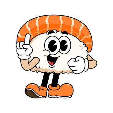 recommend clip art: Retro sushi mascot logo, sake sushi, salmon sushi pointing up