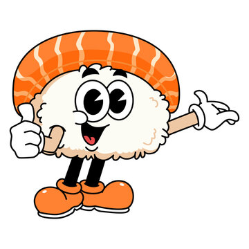 recommend clip art: Retro sushi mascot logo, sake sushi, salmon sushi thumbs up pose