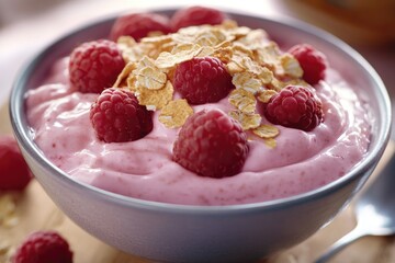 Fresh raspberries on top of pink yogurt with granola crumbles. A delicious and nutritious snack or breakfast option.