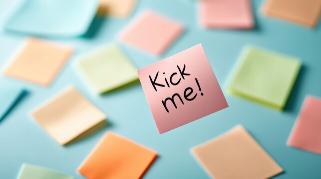 Bright sticky notes scattered on surface, featuring playful "Kic