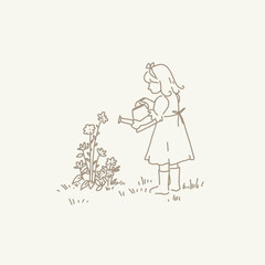 Illustration of Girl Watering Flowers. line art, illustration in graphic vintage style