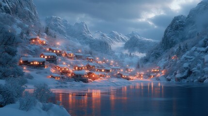 Snowy mountain village twilight winter lake reflection postcard