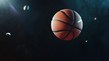 Fototapeta premium A pristine basketball floating in mid-air against a pure black background.